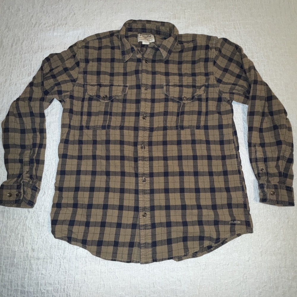 Filson Flannel Shirt Mens Large Brown Blue Plaid Button Up Camp Lumberjack